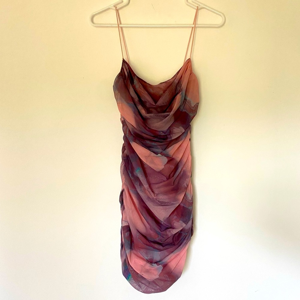 Oh Polly Mini Dress Pink Ruched, Women’s Sz 6 Spaghetti Straps Bodycon